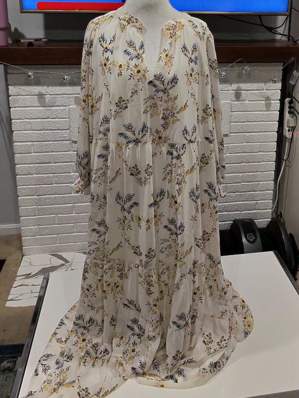 ARULA Cream Floral Tiered Maxi Dress with Yellow & Blue Print